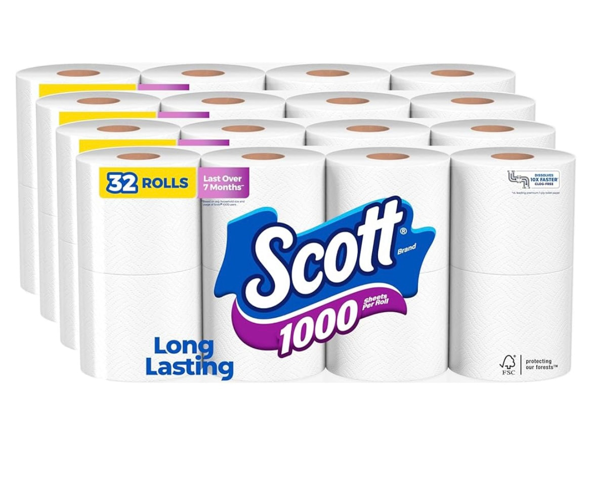 Scott 1000 Toilet Paper, 32 Rolls, Septic-Safe, 1-Ply Toilet Tissue-GS07072025